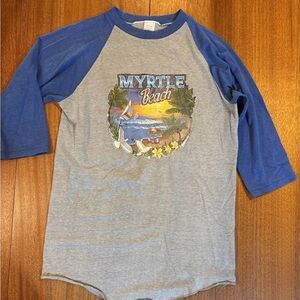 Vintage 1980s Myrtle Beach 3/4 Raglan Sleeve 50/50 Heather Gray & Blue T-Shirt M